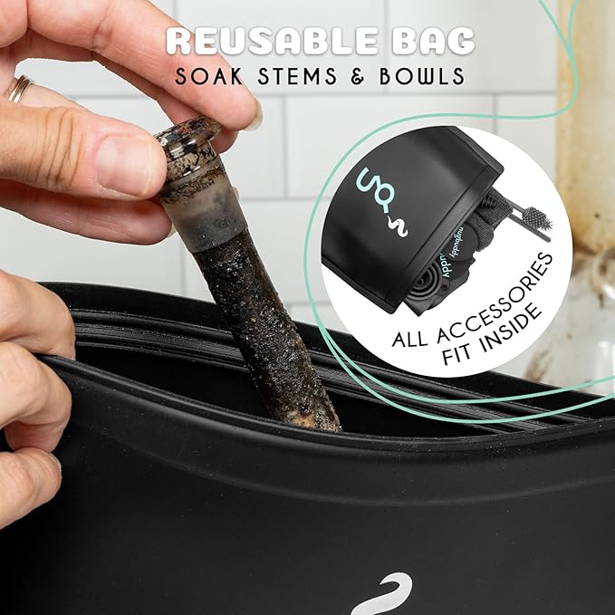 nugbuddy Glass Cleaning Kit - Reusable Silicone Accessories - Complete Kit to Clean your Piece, Just Add Cleaner - Reusable Soaker Bag, Brushes, Mat, Caps & Plugs, Funnel, & Microfiber Towel