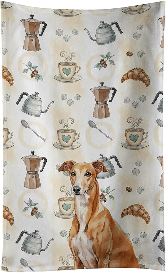 Caroline's Treasures Red Greyhound Coffee Bar Kitchen Towel Velour Plush Front and Cotton Loop Back Machine Washable