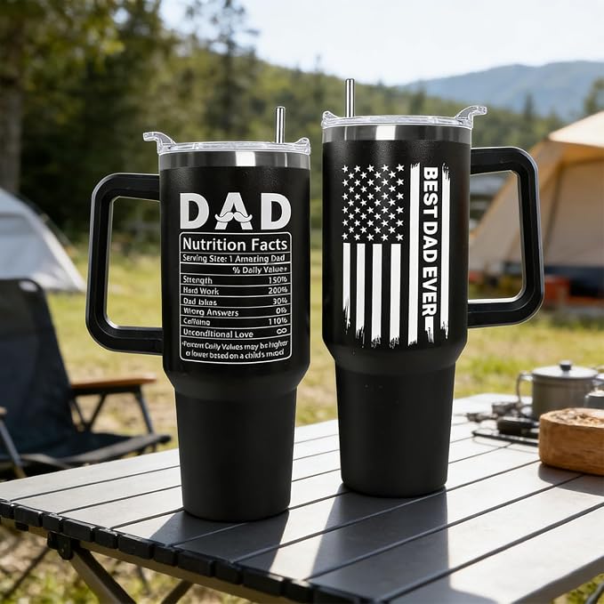 Ceovfoi 40 oz Dad American Flag Tumbler with Handle Lid and Straw,Black Dad Stainless Steel Cups Mug water Botter,Fathers Day Gift For Dad from Gaughter