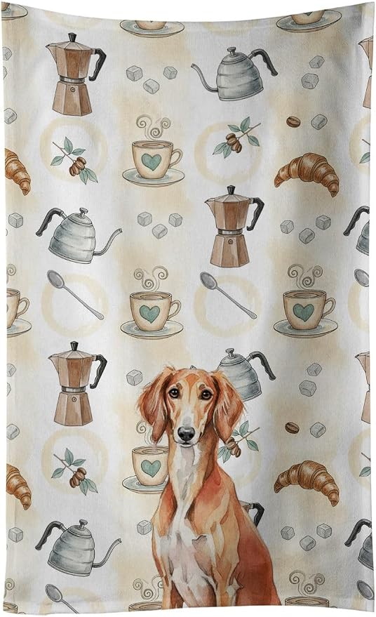Caroline's Treasures Red Saluki Coffee Bar Kitchen Towel Velour Plush Front and Cotton Loop Back Machine Washable