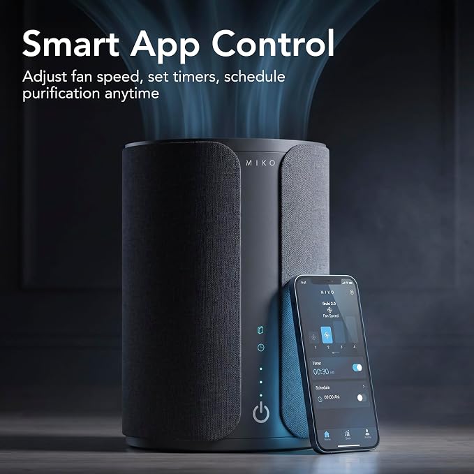 Miko Ibuki 2.0 Air Purifier for Home with App Control, H13 HEPA Filter, Ionizer, Aromatherapy, 5 Fan Speeds, Touch Panel & Timer – Covers Up to 1500 Sq Ft