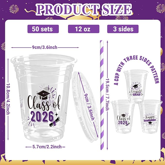 50 Pack Graduation Plastic Cups with Lids Straws 12 oz Purple Disposable Class of 2026 Decorations Graduation Party Favor Drinking Beverage Cup for Party Supplies Decorations