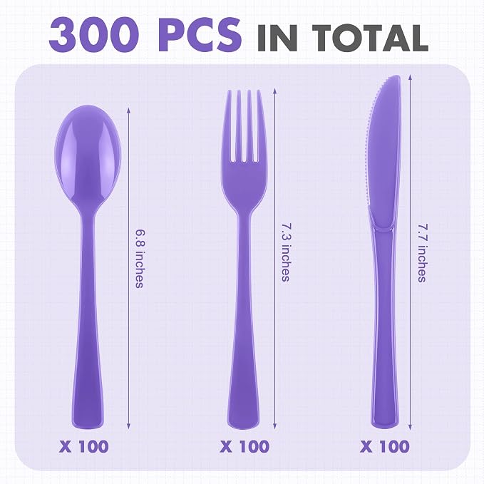 Kochorie 300 Pieces Purple Plastic Silverware, Disposable Plastic Utensils, Heavy Duty Cutlery Set Heavyweight Flatware Includes Spoons Forks Knives for Birthday Party Prom Night Wedding Dinner