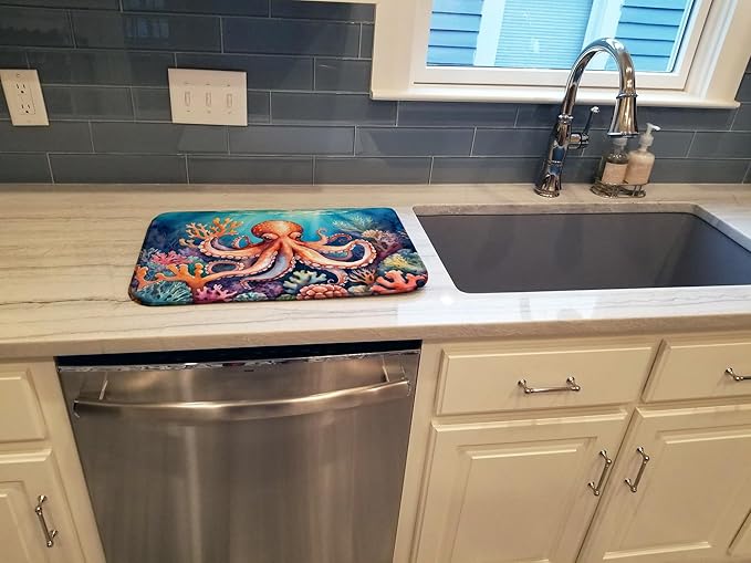 Caroline's Treasures Octopus Among Coral Dish Drying Mat Absorbent Dish Drying Mat Pad for Kitchen Counter Dish Drainer Mat for Countertop, 14 x 21", Multicolor