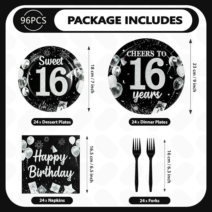 96Pcs 16th Black and Silver Birthday Party Supplies Cheers to 16 Years Plates and Napkins Disposable Sweet Black 16th Birthday Tableware Set for 16 Years Old Graduation Party Serves 24