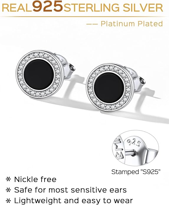 ChicSilver 925 Sterling Silver Viking Rune Natural Black Onyx Stud Earrings For Women Men