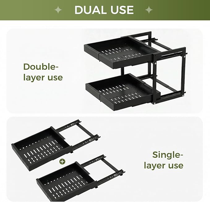 Abalter Expandable Pull Out Cabinet Organizer,2-Tier Slide Out Drawer for Kitchen Cabinets,Adjustable Width 12–18.5",Slide Out Shelves for Kitchen Countertop, Bathroom, Pantry, Heavy Duty Caddy(Black)