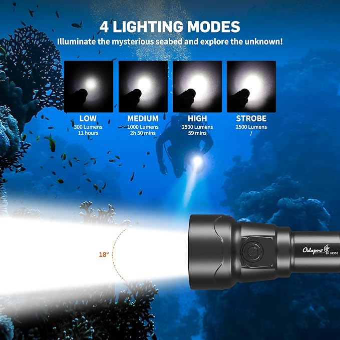 ND51 2500 Lumens Super Bright Dive Light with 4 Modes, Scuba Diving Torch with Button, IP68 Waterproof Professional Submersible Flashlight for Underwater Exploration