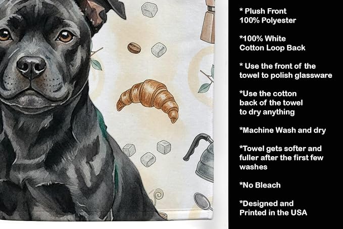 Caroline's Treasures Black Staffordshire Bull Terrier Coffee Bar Kitchen Towel Velour Plush Front and Cotton Loop Back Machine Washable