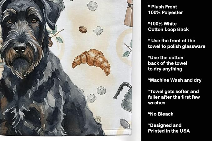 Caroline's Treasures Black Russian Terrier Coffee Bar Kitchen Towel Velour Plush Front and Cotton Loop Back Machine Washable
