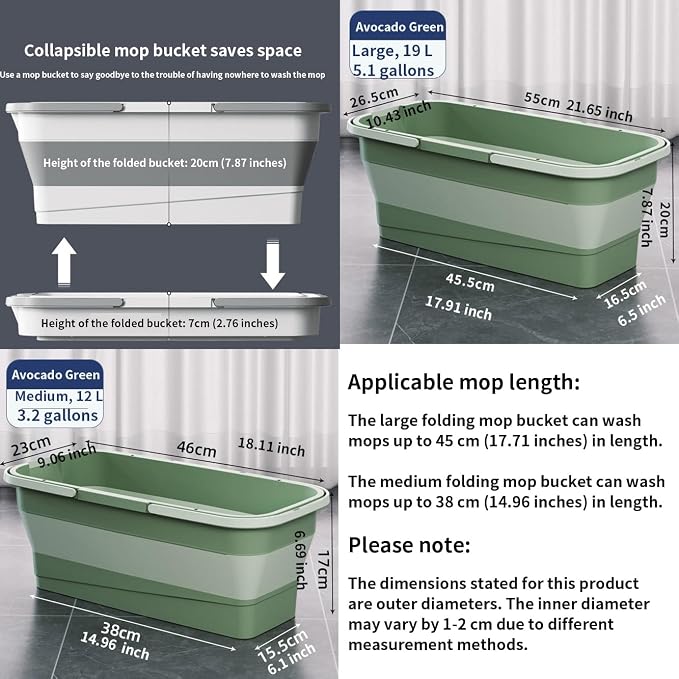 Collapsible Mop Bucket - 19L 5.1 Gallon Rectangular Foldable Water Basin with Dual Handles and Reinforced Base - for Versatile House Cleaning Camping RV Car Washing and Pet Bathing Use