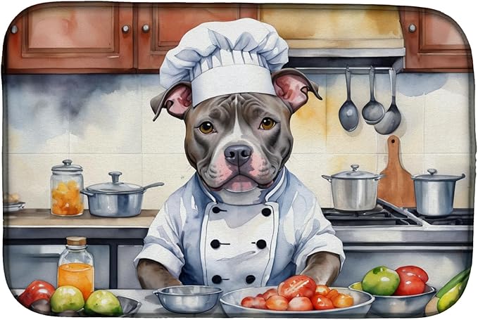 Caroline's Treasures DAC6298DDM Pit Bull Terrier The Chef Dish Drying Mat Absorbent Dish Drying Mat Pad for Kitchen Counter Dish Drainer Mat for Countertop, 14 x 21", Multicolor