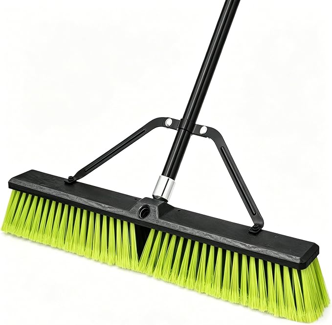 TidyBliss 24” Push Broom Outdoor Heavy Duty, Large Commercial Stiff Bristle Brush with 63 inches Long Handle for Garage Shop Garden Yard Patio Deck Street Warehouse Lawn Driveway (Yellow-Green)