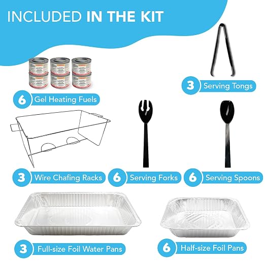 Party Essentials 33-Piece Complete Party Serving Kit with Chafing Racks, Water Pans, Food Pans, Methanol Fuel, Serving Utensils – All-in-One Buffet Set for Catering, Events & Entertaining - UPK-33*