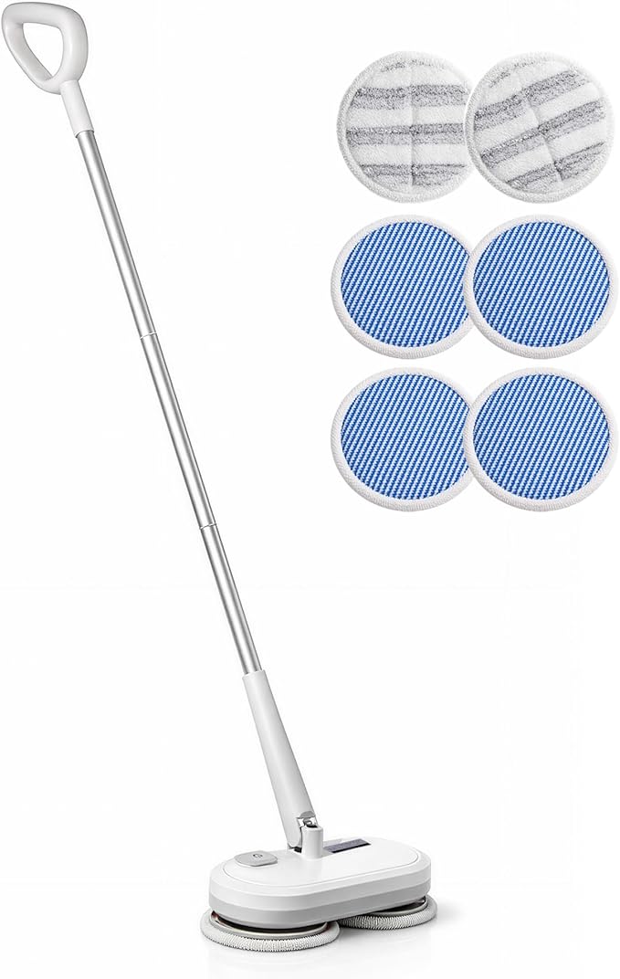 GOBOT Cordless Electric Spin Mop - Lightweight Powerful Cleaner for Hardwood, Tile, Laminate & Vinyl Floors with 6 Washable Pads (White and Blue)