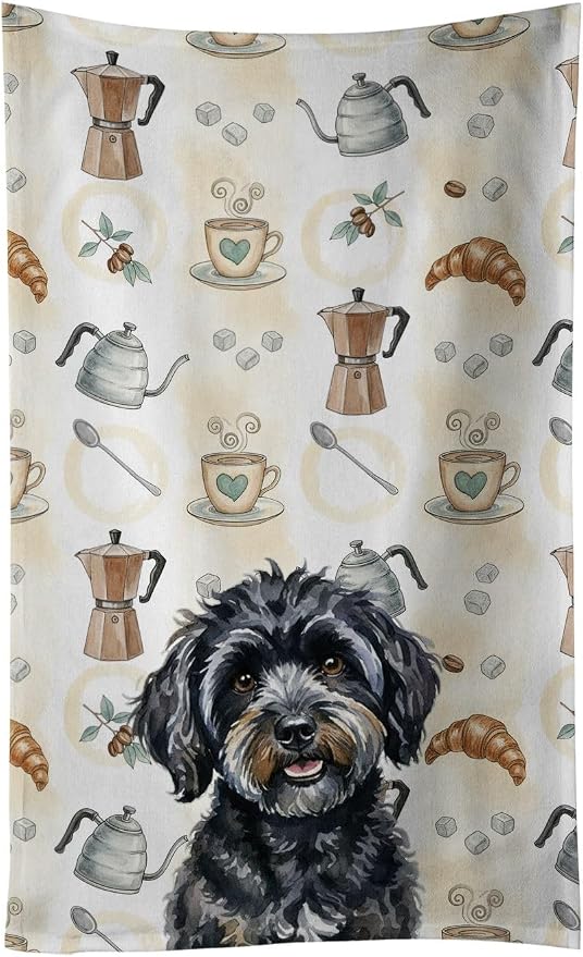 Caroline's Treasures Black Havanese Coffee Bar Kitchen Towel Velour Plush Front and Cotton Loop Back Machine Washable