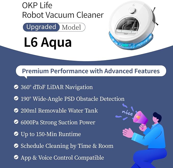 OKP Life Robot Vacuum L6 Aqua,LiDAR Navigation, 3.7 inch Super Thin, 6000Pa Powerful Suction,150 Mins,Quiet, Self-Charging Robotic Vacuum Cleaner, 2.4G&5G WiFi,Cleans Hard Floors to Carpets, White