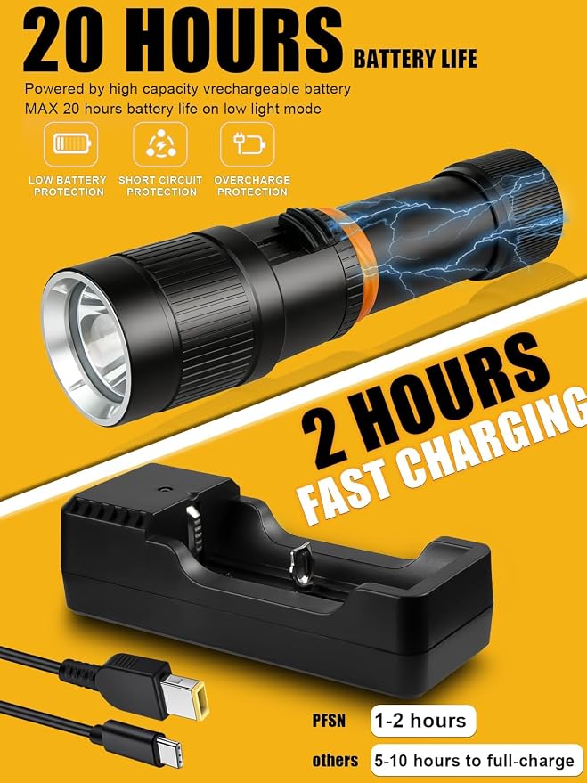 Scuba Dive Light Diving Flashlight - PFSN High Lumens Underwater Flashlight IPX68 Waterproof, Rechargeable Dive Torch, Narrow Beam Diving Lamp Best for Diver Submersible Caving, Snorkeling