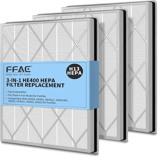 3 Pack HE401 Replacement Filter for Shark Air Purifier 4-Fan Model, HE402 HEPA Filter Compatible with Shark HE400 HE401 HE402 HE405 Air Purifiers, Part HE4FKPET