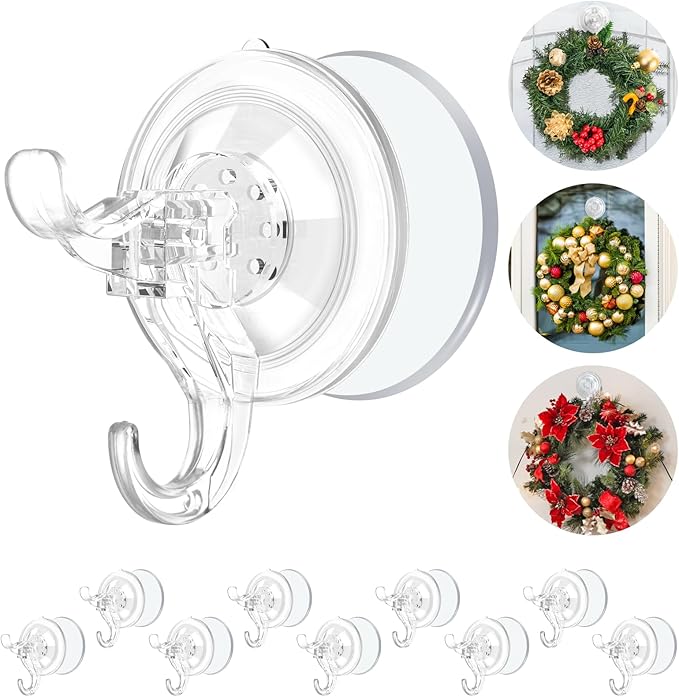 AENTGIU 10 Pack Clear Suction Cup Wreath Hanger, Heavy Duty Shower Suction Cup Hooks with Adhesive Suction Tab, Removable Strong Front Door Hooks for Hanging Wreath Ideal for Glass, Windows, Doors
