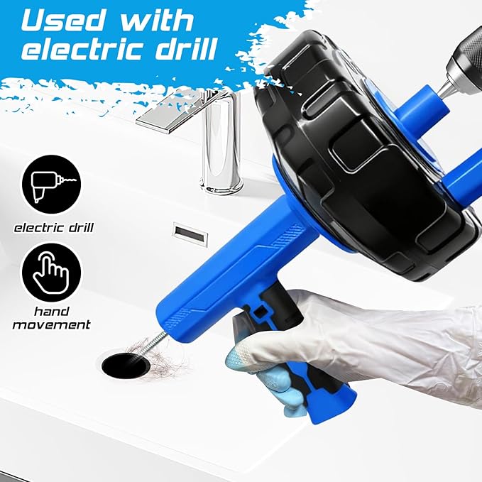 25FT Drain Snake, Auto Feed Retract Flexible Drain Auger for Drain Clogged, Manual or Drill Powered Plumbing Snake Hair Clog Remover for BathTub Sink Shower (Blue)