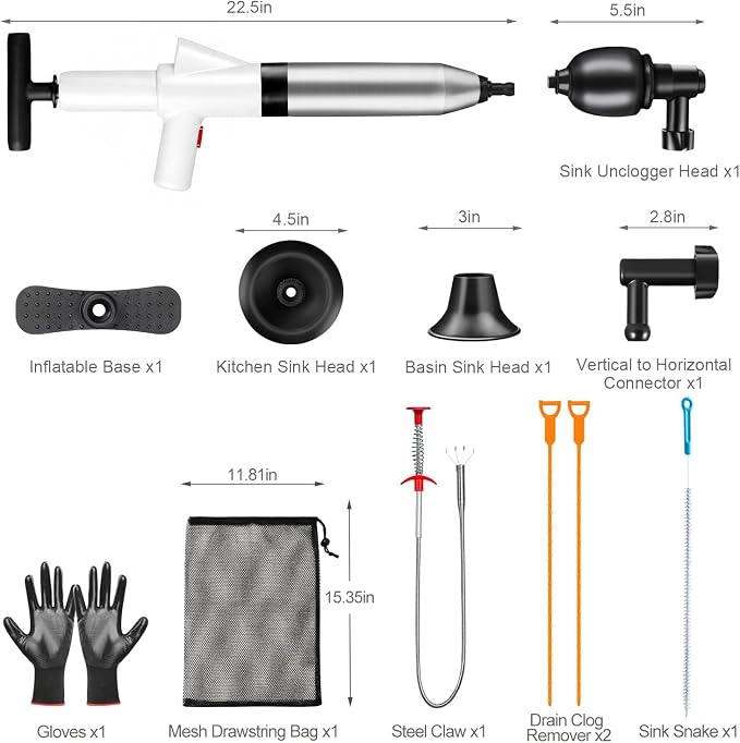 Fast Toilet Plunger High Pressure with Storage Bag, Heavy Duty Air Drain Blaster & Unclogger Tool, Clog Remover Kit & Toilet Snake Alternative for Bathroom, Toilets, Sinks, Tubs, Pipes (White)