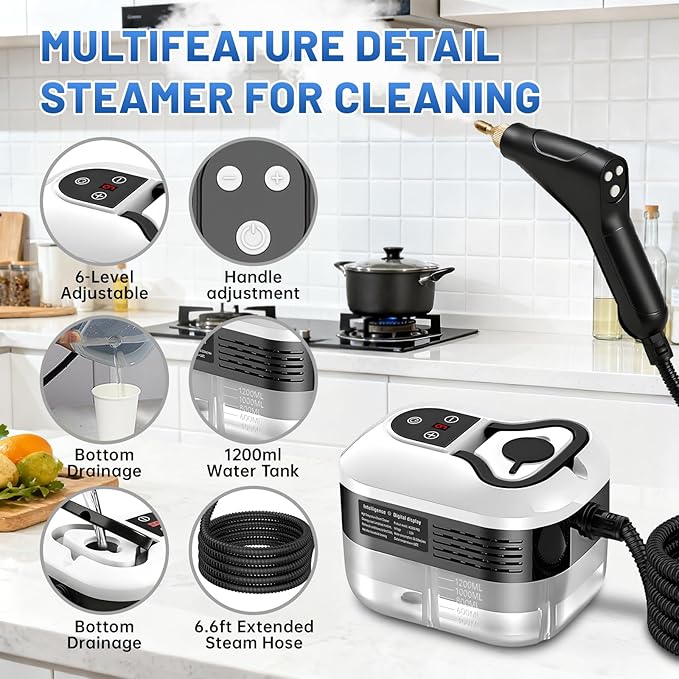 High Pressure Steam Cleaner, 6-Level Adjustable, 15s Heat-Up, 1.2L Large Tank. Portable High Temp Bathroom Power Steamer Cleaning Machine Steam Cleaner For Home Use Kitchen Grease Car Cleaning