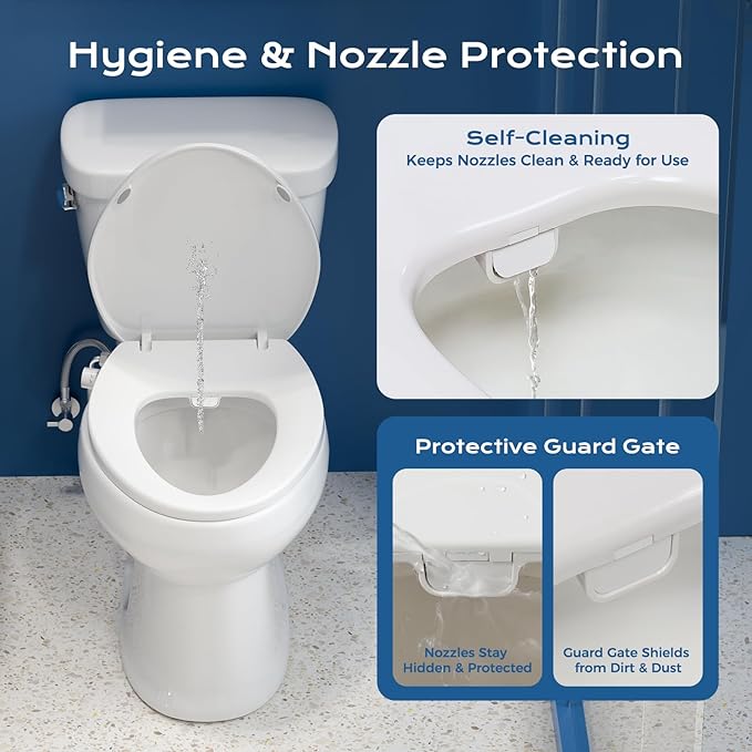 Elongated Bidet Toilet Seat – Non-Electric, Slow-Close Lid, Adjustable Water Pressure, Self-Cleaning Dual Nozzles for Frontal & Rear Wash, Leak-Resistant Brass Inlet, Easy Installation (Elongated)