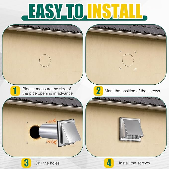 4 Inch Dryer Vent Cover Outside with Stainless Steel Guard Outdoor Wall Dryer Exhaust Vent Cover Shroud Hood Cushioned Non Return Flap with Sealing Gasket(square, with Extension Tube)