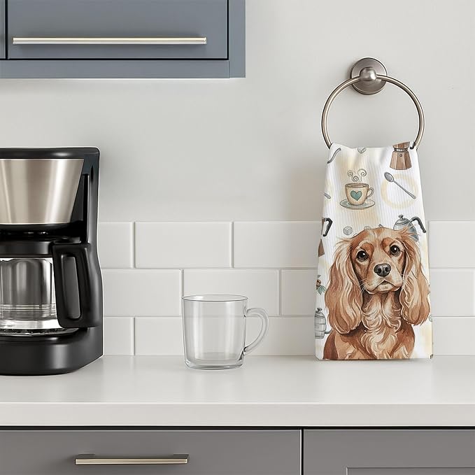 Caroline's Treasures Ruby Cavalier Spaniel Coffee Bar Kitchen Towel Velour Plush Front and Cotton Loop Back Machine Washable