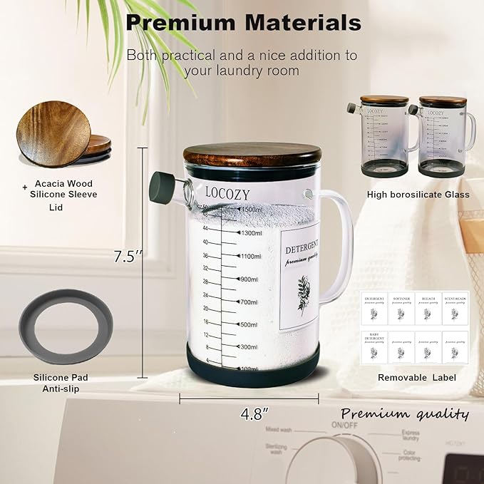 2-Pack 50oz Glass Laundry Detergent Dispenser with Acacia Wood Lid - Airtight Design, Dual oz/ml Scales | Laundry Room Organization & Storage for Fabric Softener, Beads, Powder, Bleach
