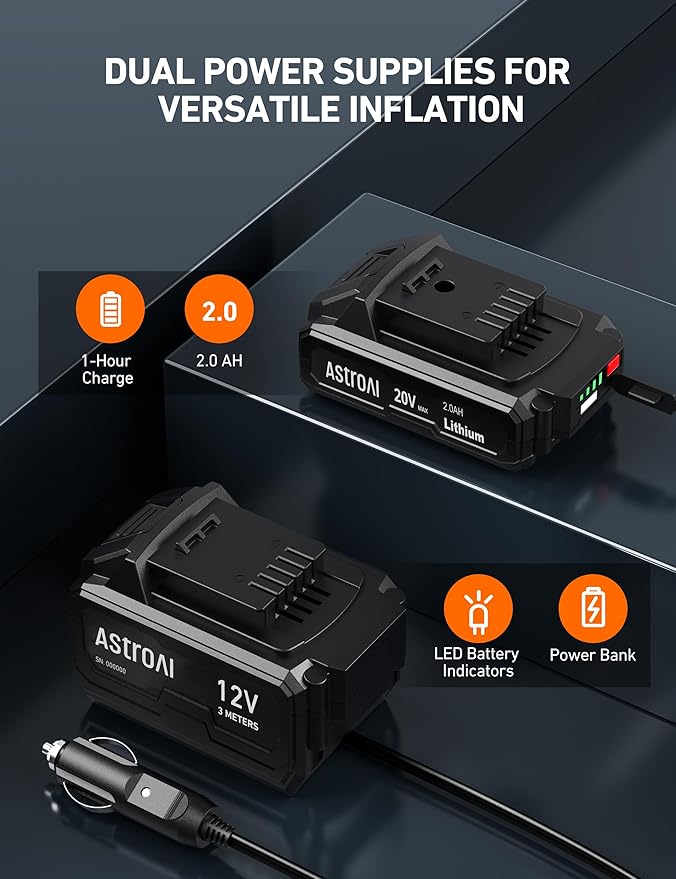 AstroAI C2 Cordless Tire Inflator Air Compressor 20V Rechargeable Battery Powered 160PSI Portable Air Pump with 12V Car Power Adapter Digital Pressure Gauge for Cars Motorcycles Green