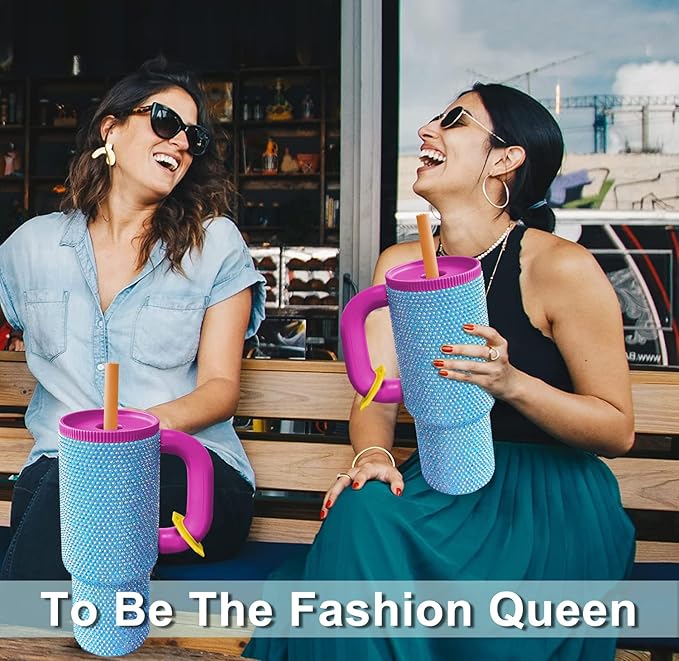 HWISDMIG 40oz Tumbler with Handle-Glitter Rhinestones Tumbler Bling Cups Stainless Steel Water Bottle Diamond Studded Tumbler for Women-Birthday Gifts for Women, Mom, Girlfriend (Aqua Gleam)
