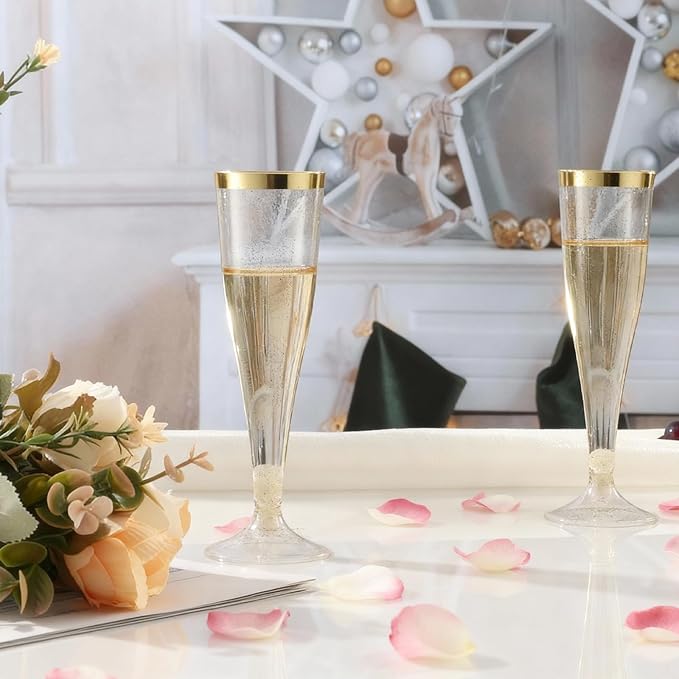 Bestluck 100 Pack Champagne Flutes Plastic, 4.5 oz Gold Glitter Plastic Disposable Stemware with Gold Rim, Disposable Champagne Flutes for Party, Mimosa Bar, Wedding, Anniversary and Graduation