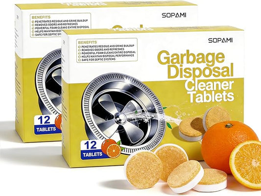 SOPAMI Garbage Disposal Cleaner Tablet and Deodorizer, KITCHEN Citrus Sink Cleaner Eliminates Odor-24 Pack, XL Grease & Buildup Remover - 2 Year Supply