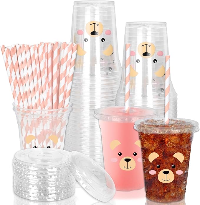 Whaline 50 Pcs 12 Oz Bear Disposable Plastic Cups with Lids and Straws Funny Bear Face Cold Beverage Drinking Cups for Birthday Baby Shower Party Supplies