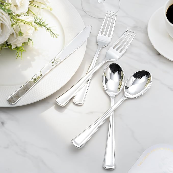Liacere 200Pcs Silver Plastic Cutlery - Silver Plastic Silverware- Disposable Silverware - 100 Forks, 50 Spoons, 50 Knives Perfect for Wedding ＆ Party