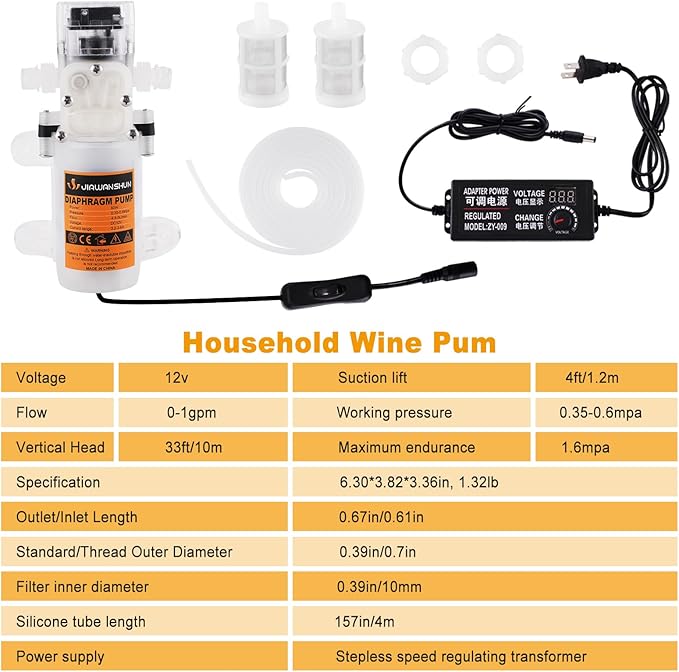 JIAWANSHUN 110V Electric Wine Transfer Pump, 5L/Min Food Grade Self-Priming Pump w/Stepless Speed Control, Stainless Steel Filters & 13.12ft Hose - for Home Brewing, Beverages, Low Noise