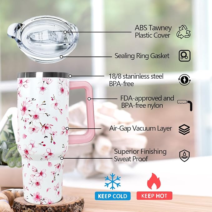 Ceovfoi 40oz Cherry Blossoms Insulated Stainless Steel Travel Tumbler with Handle, Lid and Straw, Pink Cherry Blossoms Floral Design, Perfect for Women, Adults, Home, Travel, Nursing