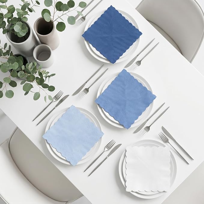 300 Pack Dusty Blue Napkins, 5 x 5 Inch Disposable Scalloped Gradient Blue Cocktail Napkins Thick Beverage Napkin for Wedding Birthday Party Supplies