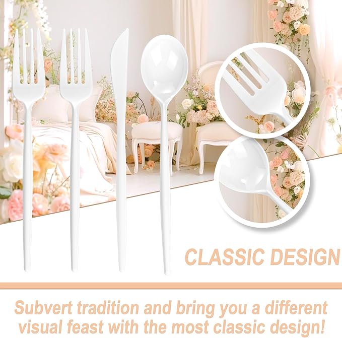 Supernal 360PCS White Plastic Silverware Set - Heavy Duty Disposable Utensils (120 Forks, 120 Knives, 120 Spoons) - Elegant Plastic Cutlery for Weddings, Catering, Party & Daily Dining