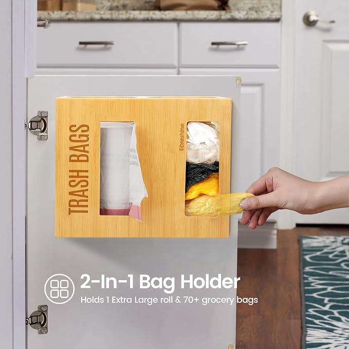 Libreshine Extra Large Bamboo 2-in-1 Trash Bag Dispenser & Roll Holder – Fits Costco Kirkland & Members Mark Jumbo Rolls, Wall/Under-Sink/Cabinet Mountable, Dual-Slot Storage for 2 Rolls