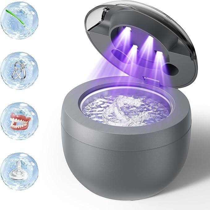 Ultrasonic Retainer Cleaner Machine, 45kHz Ultrasonic Denture Cleaner with 200ML Capacity & 4 Modes for Dental Cleaning Pod, Aligners, Mouthguards, Retainers, Jewelry, Grey