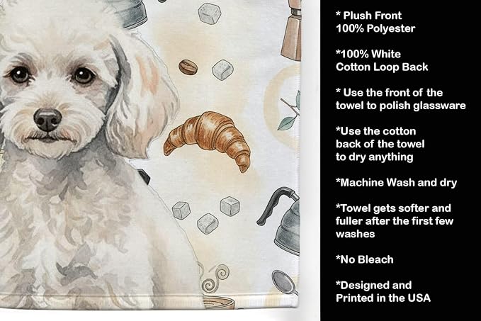 Caroline's Treasures Miniature White Poodle Coffee Bar Kitchen Towel Velour Plush Front and Cotton Loop Back Machine Washable