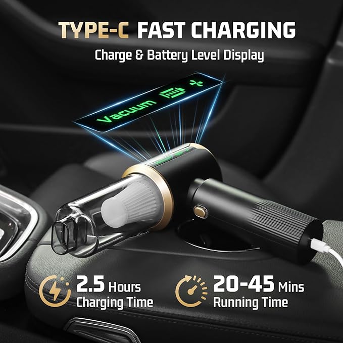 Cordless Car Vacuum Cleaner: Handheld Vacuum with 𝟏𝟔𝟎𝟎𝟎𝐏𝐚 Strong Suction, 𝐁𝐫𝐮𝐬𝐡𝐥𝐞𝐬𝐬 𝐌𝐨𝐭𝐨𝐫 & HEPA Filter, 𝟕-𝐢𝐧-𝟏 Cleaning Kit, Type-C Charging for Home Office Car - Black