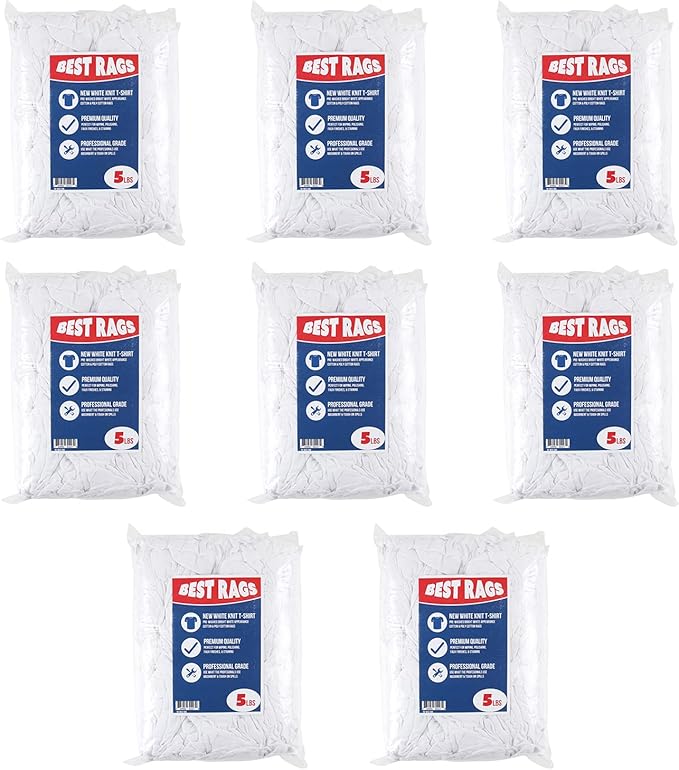 Arkwright W43 Cotton Tshirt Rags - 5 lb Bag - (Pack of 8) Soft Lint Free Cloths for Cleaning, Streak & Scratch-Free, Professional Grade Bulk Wiping Towels for Polishing, Painting, and Staining, White