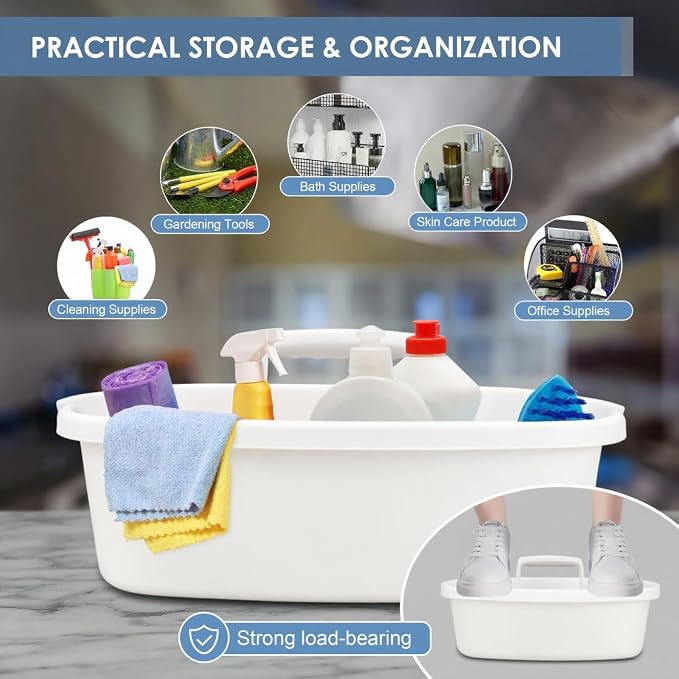 2 Pack Cleaning Supply Caddy with Handle, Portable Shower Caddy Organizer Plastic Basket with Handle, Stackable Tool Storage for Bathroom, Garden, Kitchen, Home Organization, White