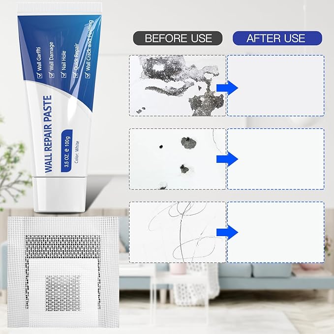 SEISSO Drywall Repair Kit, Wall Mending Agent*3(100g), Wall Patch*4, Scraper and Sandpaper*2, Wall Repair Paste Kit for Wall Cracks, Graffiti, Whitewall Hole Filler and Plaster Dent Repair