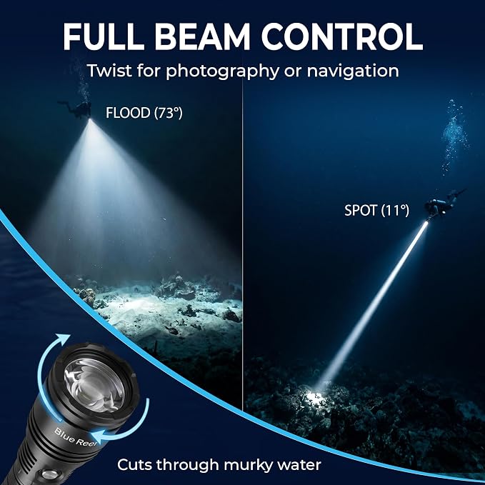 Blue Reef Zoomable 3000 Lumens Scuba Dive Light, 11–73° Adjustable Beam, 4Hr Runtime / 90 Min at Full 3000LM Output – USB-C Rechargeable, 100m Waterproof Diving Flashlight for Scuba & Night Diving