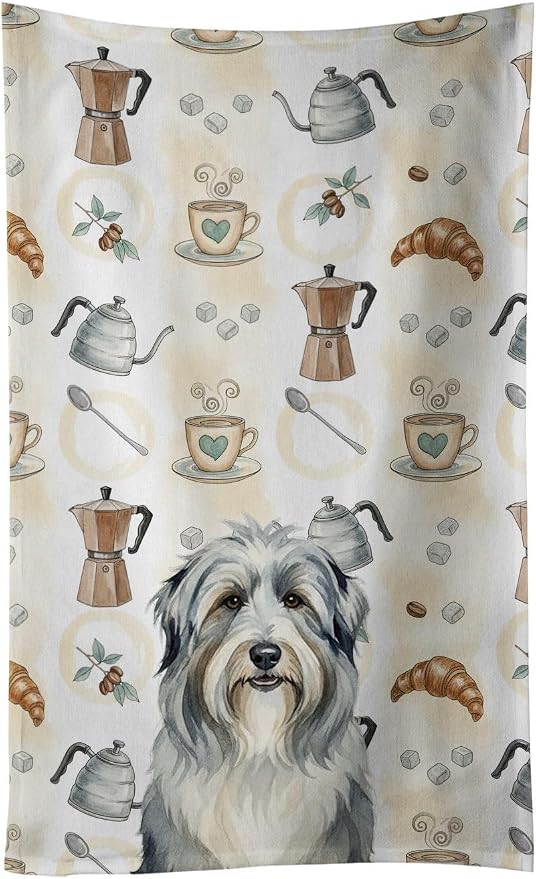 Caroline's Treasures Bearded Collie Coffee Bar Kitchen Towel Velour Plush Front and Cotton Loop Back Machine Washable